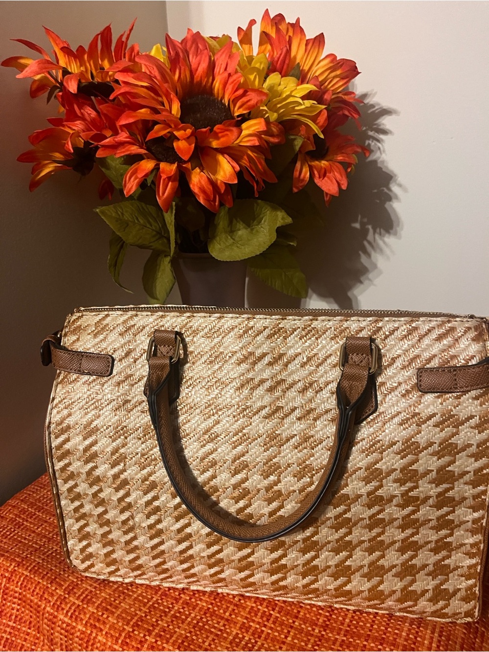 Cato Neutral Woven Tote Bag with Brown Trim
